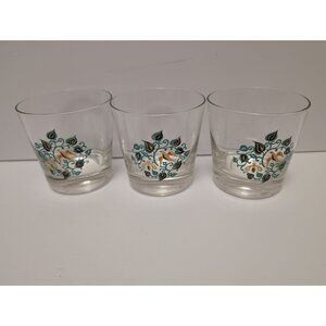 Set Of 3 Vintage MCM Turquoise Gold Floral Patterned Clear Glasses